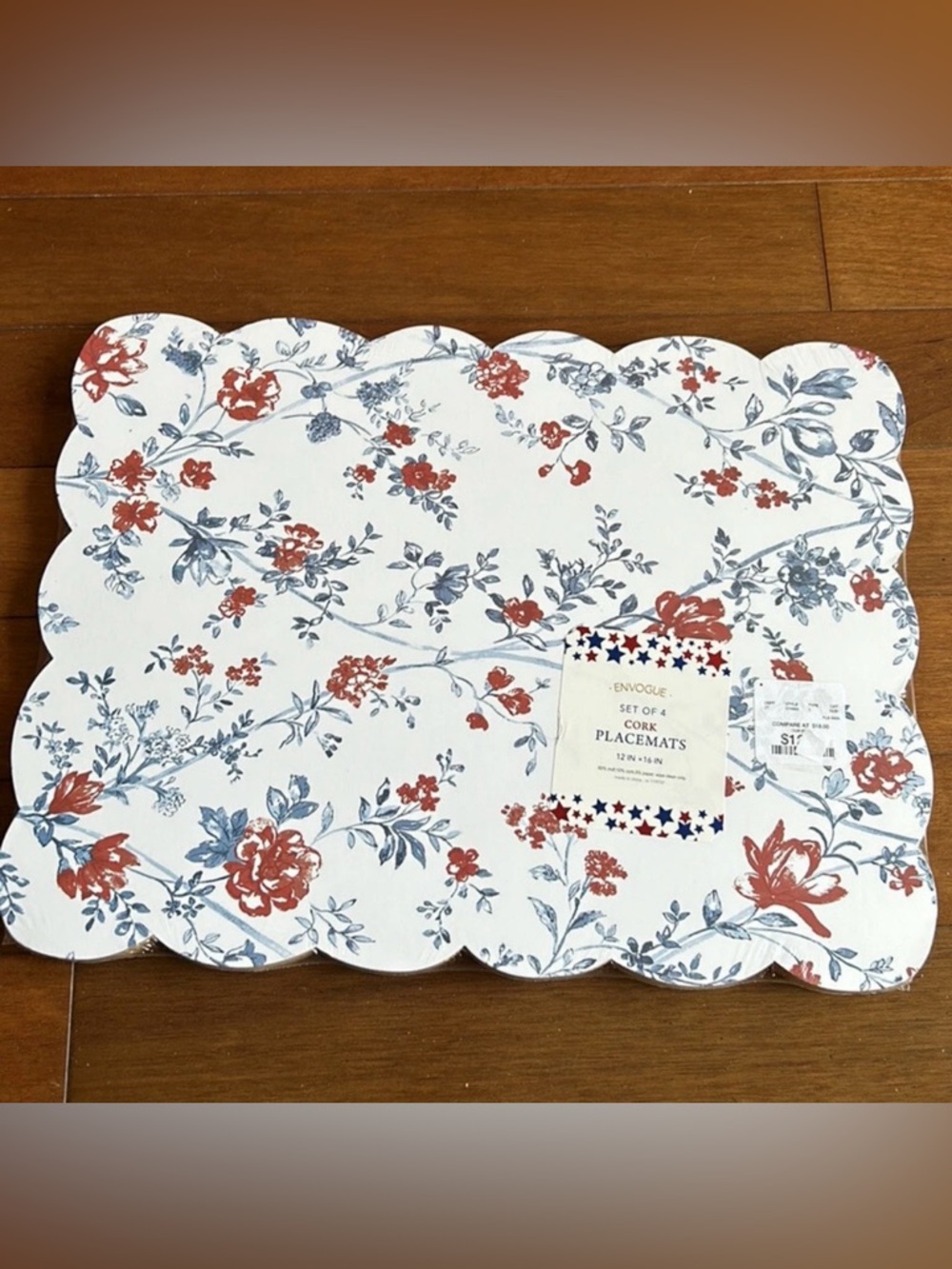 Envogue Set Of 4 Cork Placemats New July 4th Americana Floral Red White Blue